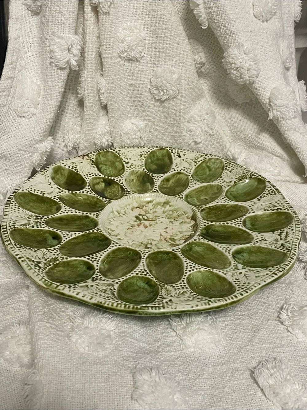 Antique‎ Green Pottery / Ceramic Egg Plate 13”